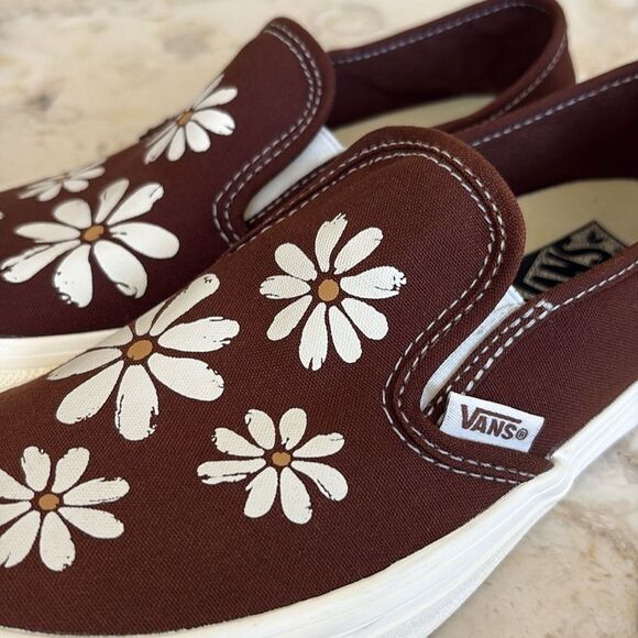 Vans Slip-on Vr3 Sf Painted White Daisies Floral Brown Canvas Skate Sneakers - Picture 2 of 13